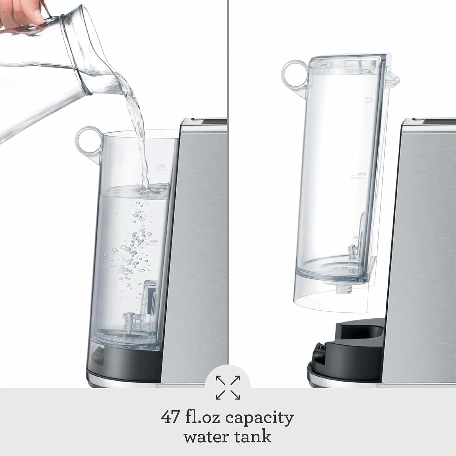 Breville Bambino removable 47 oz water tank close up, showing the clear plastic reservoir and side-loading design